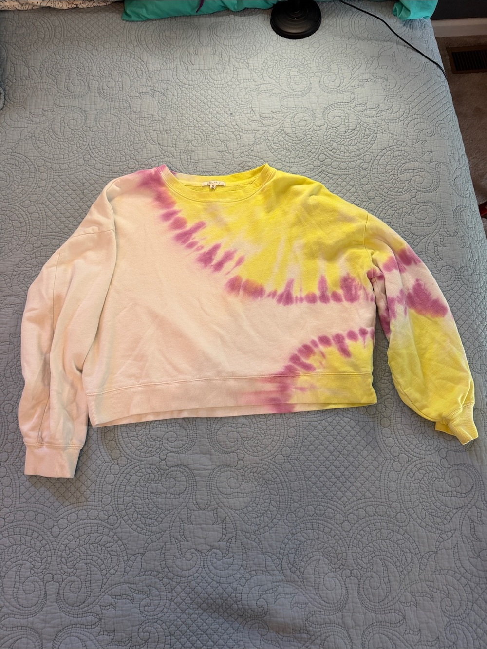 Z Supply Tie-Dye Cropped Sweatshirt featuring a vibrant yellow and pink pattern